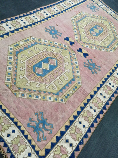 Pink and Blue Vintage RUG 9 x 6 TURKISH Rug Vintage Oushak Rug Vintage Rug Wool Oushak Rug Hand Made Rugs Vintage Turkish Rug