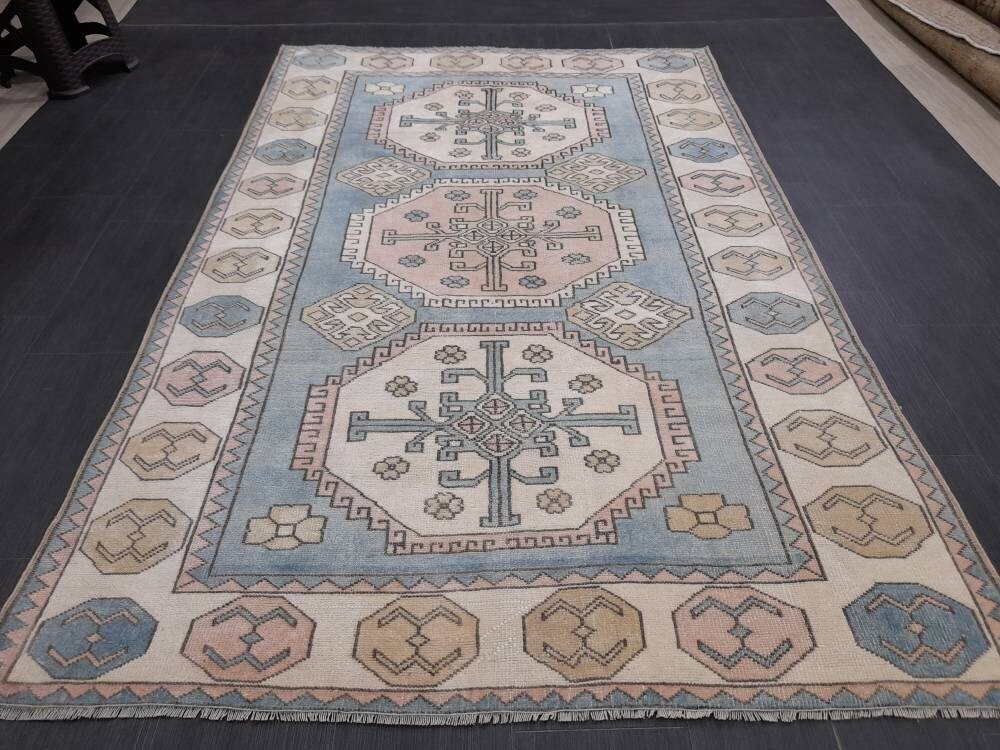 Distressed Wool Hand Made Rug Vintage Oushak Rug Blue 5x8  Oriental Rug, Rug Vintage Turkish Rug, Farmhouse Rug Vintage Rug Living room Rug
