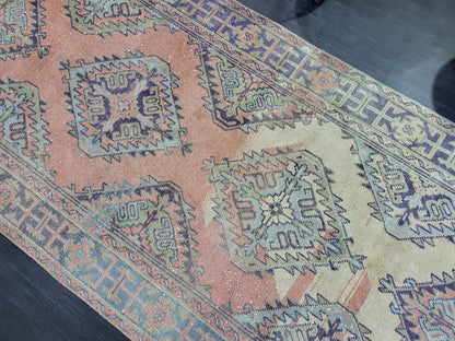 Hand Knotted Runner Rug, Turkish 4.4 x 11.10 Runner Rug, Vintage Runner Rug, Hallway Runner Rug, Persian Runner Rug Wool Runner Rug