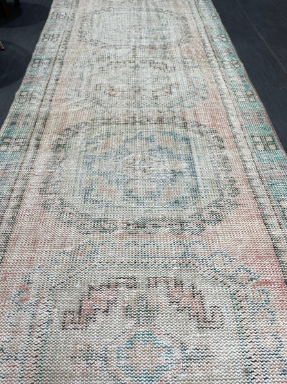 Antique Oushak Runner Rug, Muted Vintage 3.10 x 11.3 Runner Rug, Hallway Runner Rug, Distressed Runner Rug, Wool Runner Rug, Handmade Runner