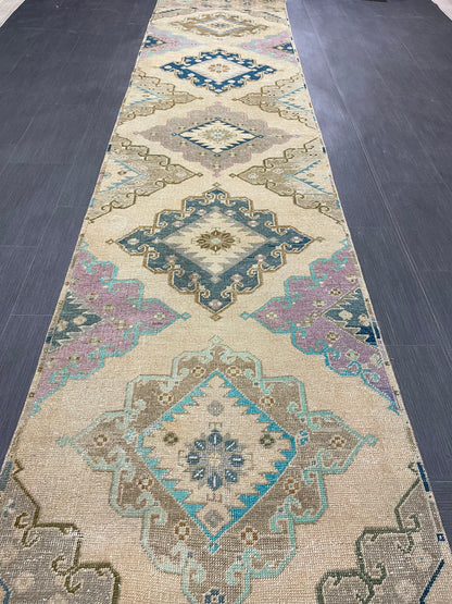 Hand Knotted Vintage Runner Rug 2.9 x 13.3 ft Muted Turkish runner rug Oushak Runner Hallway Rug runner Hand Knotted Star Runner Rug