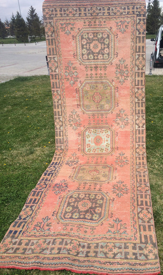 Vintage Turkish Runner Rug, 4x11 Oushak Runner Rug, Handmade Runner Rug, Hand Knotted Runner Rug Hallway Runner, Kitchen Runner