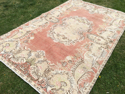 9.4x6 Vintage Rugs, Vintage Turkish Rug, Vintage Large Area Rug Soft Orange Vintage Rug Hand Made Oushak Rug Earth Tones Rug Rustic Rug