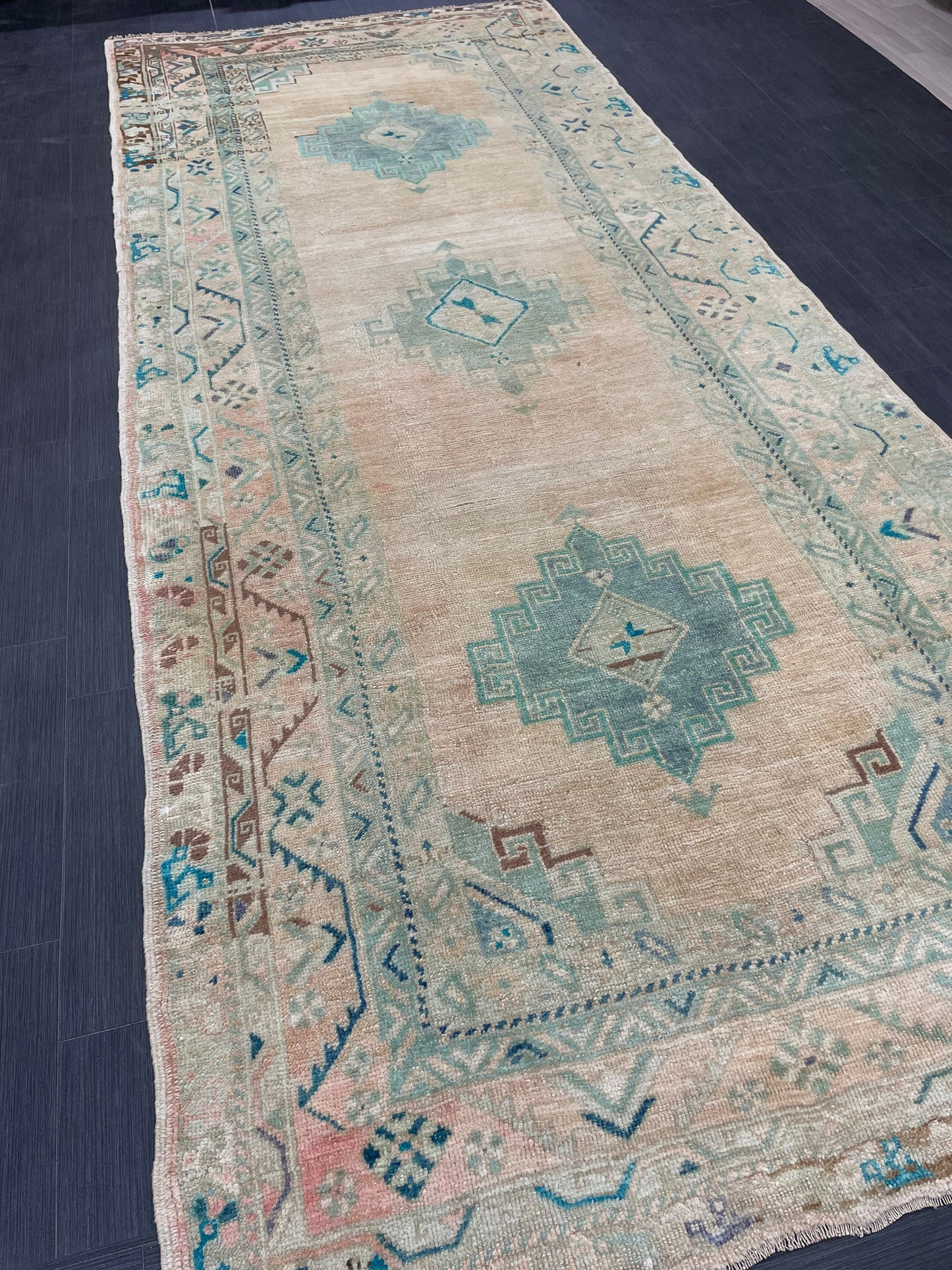 Muted Oushak Runner 4.7 x 11.5 Rug Turkish Runner Rug Faded Vintage Runner Rug Hallway Runner Rug Neutral Kitchen Runner Rug Wool Runner Rug