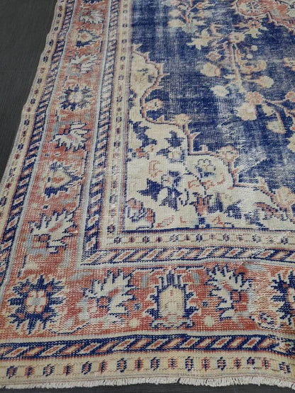 Antique Distressed RUG Wool Distressed TURKISH Rug 6.6 x 9.6 Blue Vintage Rug Vintage Rug Wool Oushak Rug Hand Made Rug Hand Knotted Rug