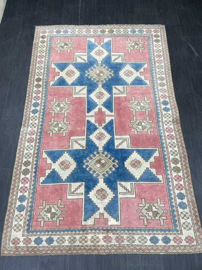 Vintage Blue and Pink Rug 5x8 Vintage Persian Rug Muted Vintage Rug Wool Muted Oushak Rug Hand Made Rugs Vintage Turkish Rug