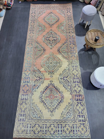 Hand Knotted Runner Rug, Turkish 4.4 x 11.10 Runner Rug, Vintage Runner Rug, Hallway Runner Rug, Persian Runner Rug Wool Runner Rug