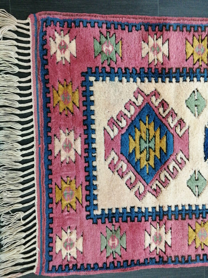 4.3X2.9 PINK AND NAVY Rug Hand Made Rug, High Pile Oushak Rug,  3x4 Boho Rug, Rug Runner, Plush Turkish Rug, Farmhouse Rug, Vintage Wool rug