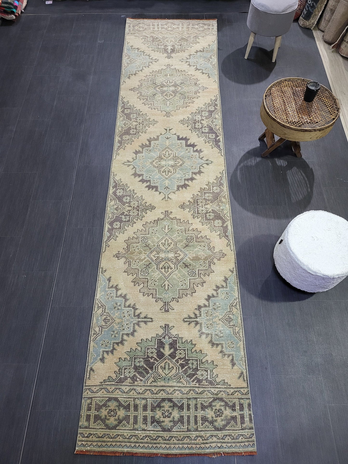 Antique Oushak Runner Rug,Turkish Runner Rug, Vintage Runner 2.8 x 11.2 Rug, Hallway Runner Rug, Grey Blue Oriental Runner Rug