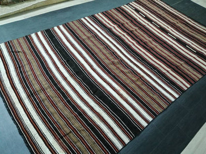 6.7 x 12 Vintage Oriental Flat woven Rug, Turkish Flatweave Carpet ,Stripe Oushak Flatweaving,Handmade Rug,Farmhouse Rug, Black rug Dark rug