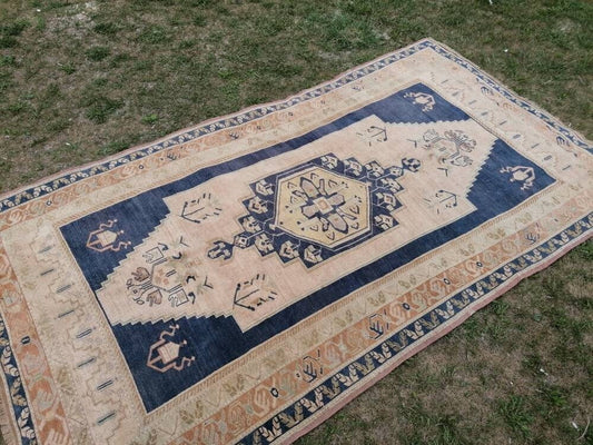 5'6x10 blue vintage rug, oushak wool rug , large anatolian rug,unique hand made