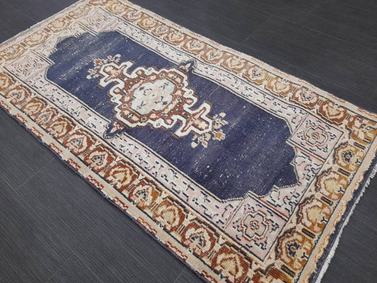 Blue Vintage Rug 2.3 x 4.4 Rug  Oushak Rug, Wool Oriental Rug Hand Made Rug Persian Rug, Vintage Turkish Rug Hand Knotted Wool Rug