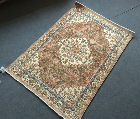 3.4x5 feet handmade natural brown area rug, vintage medium size dark blue wool kitchen floor rug, turkish floral bedroom rug,oushak bath rug