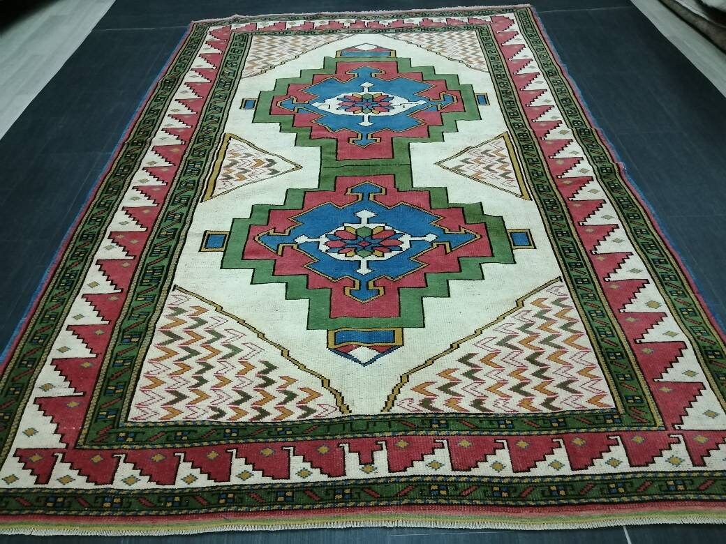 TURKISH Rug, wool Hand Made Rug, 6x9  Rustic Oushak Rug, Boho Rug, Vintage Blue and Green Rugs, Farmhouse Rug, Vintage Rug, Oushak Rug