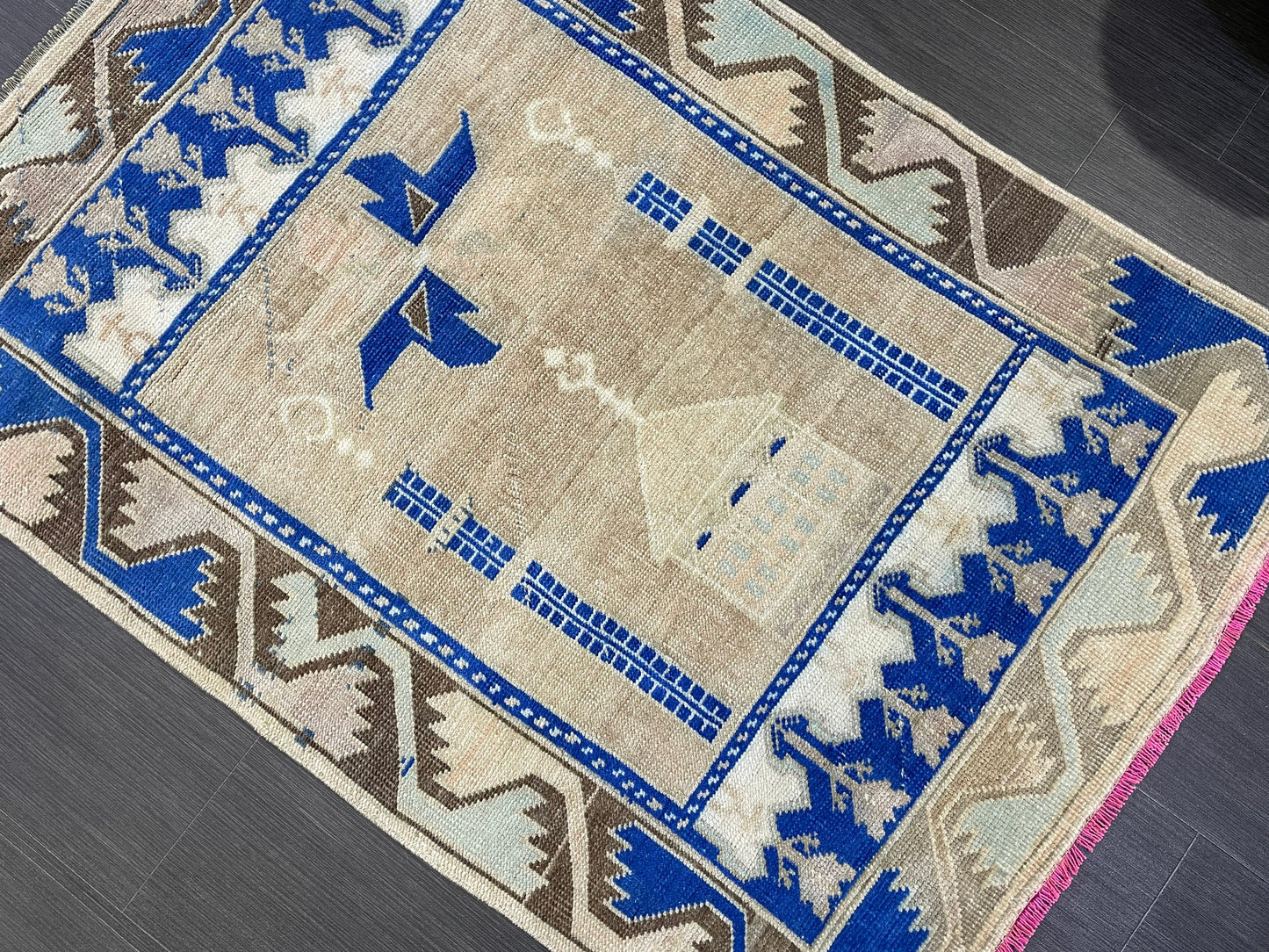 Muted Rugs, Handmade 3.3 x 5 Rug, Blue Oushak Rug, Rustic Rug, Hand Knotted Turkish Rug, Farmhouse Rug, Vintage Rug, Wool rug