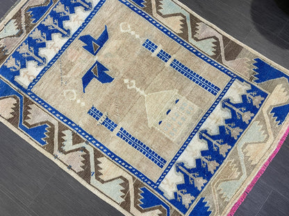 Muted Rugs, Handmade 3.3 x 5 Rug, Blue Oushak Rug, Rustic Rug, Hand Knotted Turkish Rug, Farmhouse Rug, Vintage Rug, Wool rug