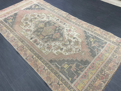 Vintage Handmade Rug Muted  3.6 x 7.3 Vintage Rug Wool Oushak Rug Hand Made Rugs Vintage Turkish Rug Living Room Rug