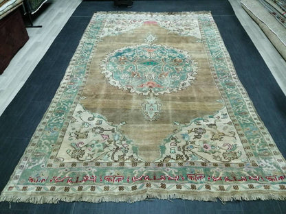 Hand Made Vintage RUG, Turkish Rug Large Area Rug, 6.7 x 10.8 VINTAGE Rug, Oushak  Rug,Hand Knotted Rug, Neutral Rug Antique Rug
