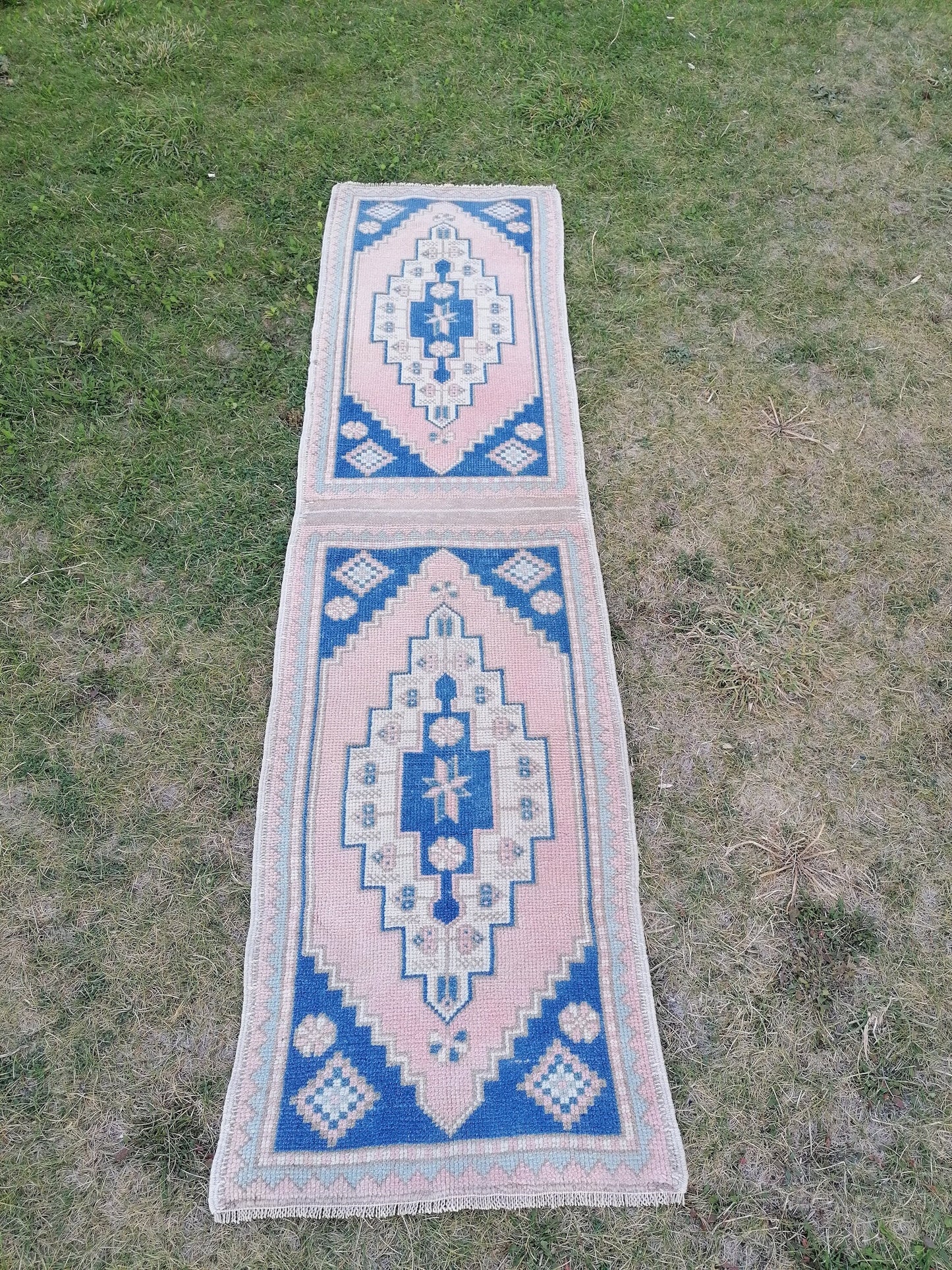 Blue pillow runner rug 1'10x7 hallway vintage rug, entryway hand made rug, kitchen runner