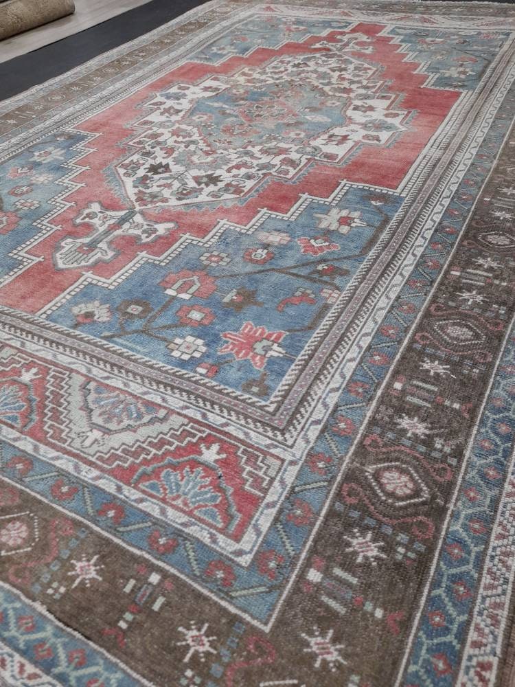Oushak Rug 6.5 x 10 Blue And Red Persian Rug Vintage Rug Soft Wool Rug Antique Turkish Rug Muted  Quality Turkish Rug