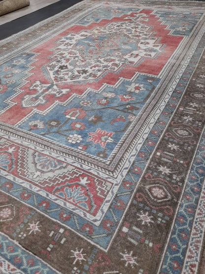 Oushak Rug 6.5 x 10 Blue And Red Persian Rug Vintage Rug Soft Wool Rug Antique Turkish Rug Muted  Quality Turkish Rug