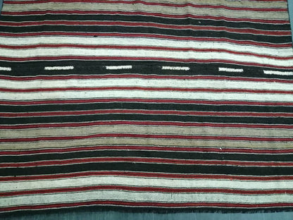 6.7 x 12 Vintage Oriental Flat woven Rug, Turkish Flatweave Carpet ,Stripe Oushak Flatweaving,Handmade Rug,Farmhouse Rug, Black rug Dark rug