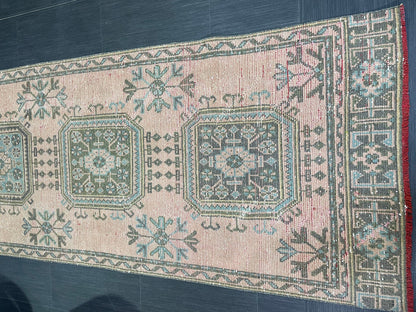 Antique Oushak Runner Rug, Vintage 3 x 11.3 Runner Rug, Hallway Runner Rug, Distressed Runner Rug, Wool Runner Rug, Handmade Runner