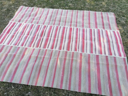 6'9x8'5 flatwoven kilim rug, stripe turkish hand made rugs  vintage turkish rugs oushak rug vintage oushak rug, wool rug