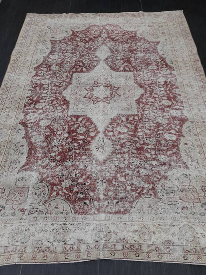 Vintage Turkish Rug 6.6 x 9 Oushak Rug Persian Rug Oriental Red Rug Muted Vintage Floral Rug Elegant Wool Rug Distressed HAND Knotted Rug