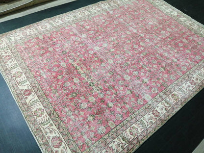Vintage RUG 7.4 x 10.4 Vintage TURKISH Rug Persian Vintage  Rug Floral Oushak Rug Large Hand Made Rugs Vintage Turkish Pink Rug 7x10