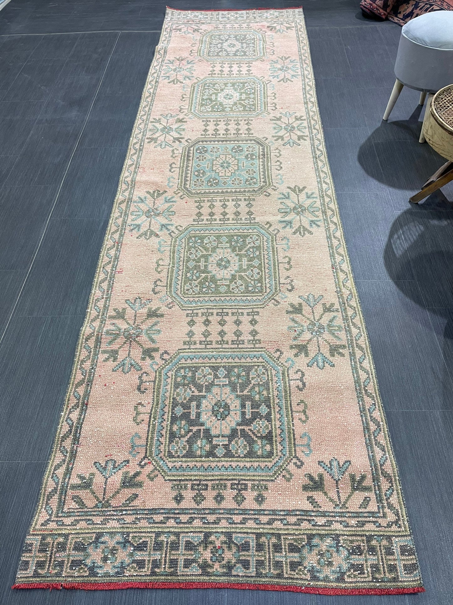 Antique Oushak Runner Rug, Vintage 3 x 11.3 Runner Rug, Hallway Runner Rug, Distressed Runner Rug, Wool Runner Rug, Handmade Runner