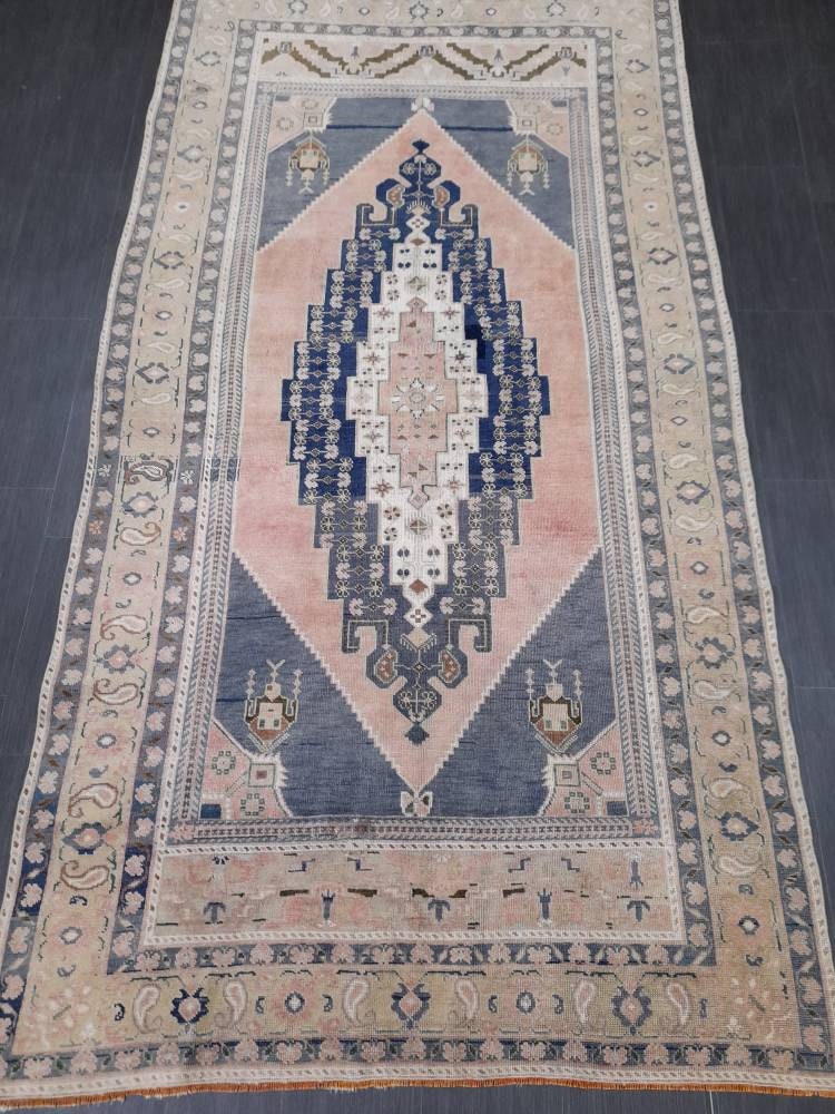 Blue and Pink Vintage Rug 5.2 x 10 Authentic Turkish Oushak Rug Hand Knotted Rug Rustic Rug, Wool Turkish Rug 5x10 Rug Oriental Rug