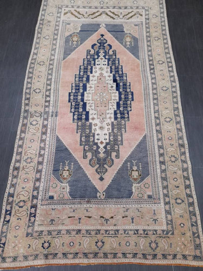Blue and Pink Vintage Rug 5.2 x 10 Authentic Turkish Oushak Rug Hand Knotted Rug Rustic Rug, Wool Turkish Rug 5x10 Rug Oriental Rug