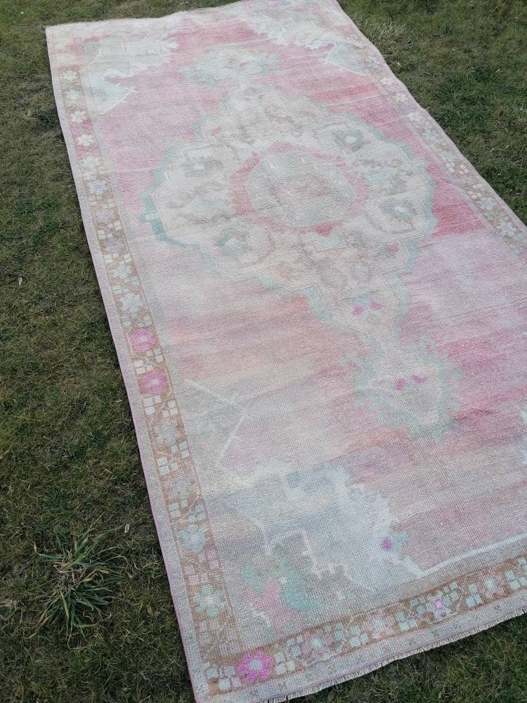 Vintage oushak rug 5'2x10'4 pastel turkish handmade rug, living room rug
