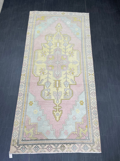 Muted Vintage RUG 4x9 TURKISH Rug Oriental Rug Vintage Oushak Rug Vintage Persian Wool Rug Handmade Rug Vintage Turkish Rug Discounted Rugs