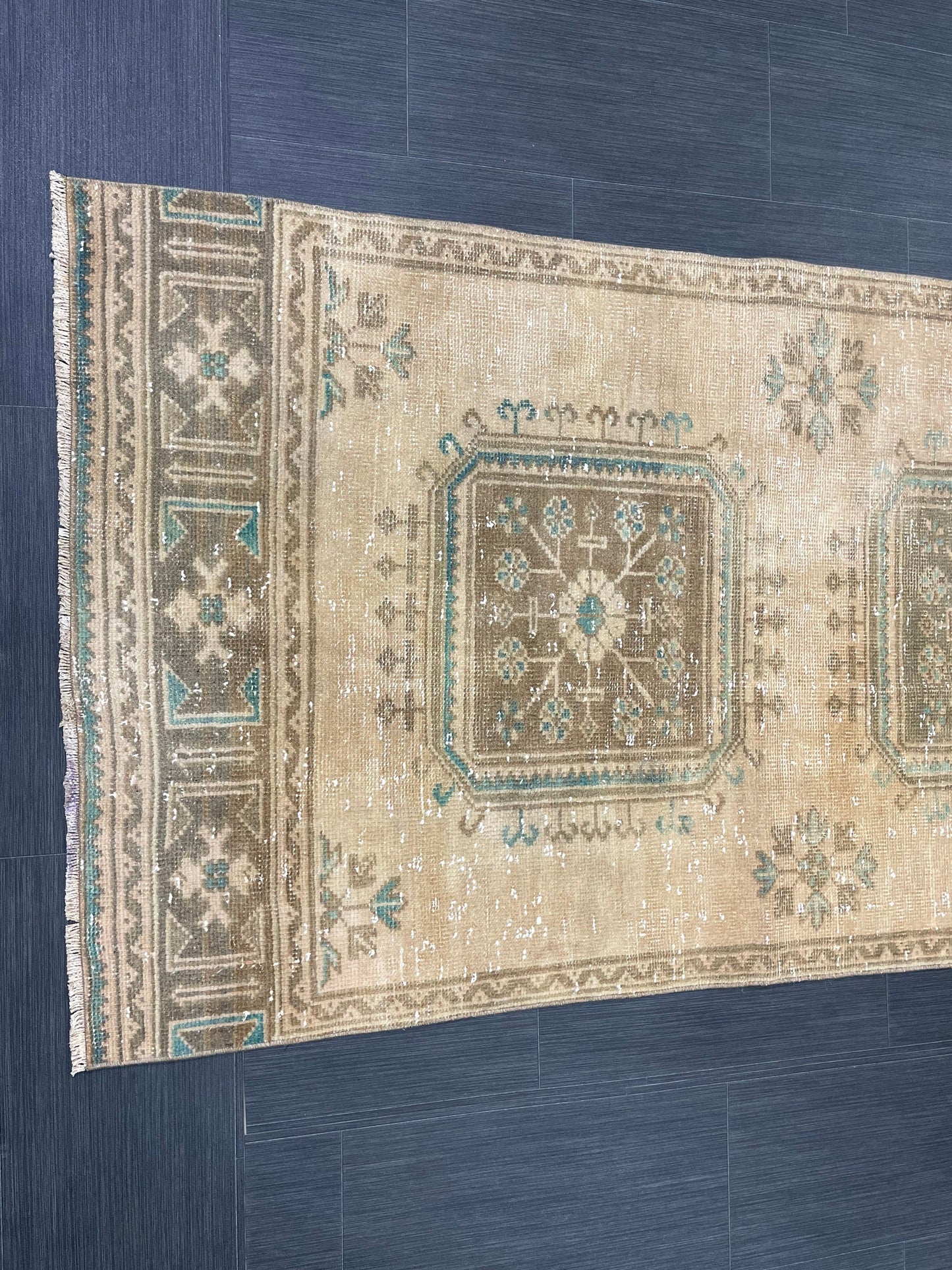 Muted Vintage Runner Rug 3.2 x 11.8 Hand Knotted Runner Rug Turkish Runner Rug Vintage Runner Rug Hallway Runner Rug Wool Kitchen Runner