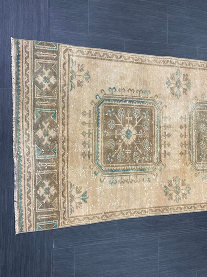 Muted Vintage Runner Rug 3.2 x 11.8 Hand Knotted Runner Rug Turkish Runner Rug Vintage Runner Rug Hallway Runner Rug Wool Kitchen Runner