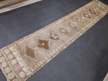 Neutral Vintage Runner Rug 2.6 x 13.4 Muted Turkish Runner Rug Oriental Runner Rug Hallway Runner Rug Kitchen Runner Rug XL Persian Runner
