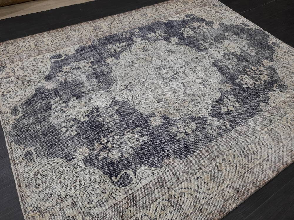 TURKISH HAND Knotted Rug 6.5 x 8 Vintage Turkish Rug Oushak Rug Traditional Rug Oriental Blue Rug Muted Vintage Floral Rug Elegant Wool Rug