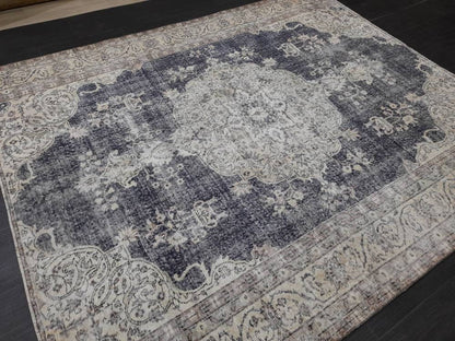 TURKISH HAND Knotted Rug 6.5 x 8 Vintage Turkish Rug Oushak Rug Traditional Rug Oriental Blue Rug Muted Vintage Floral Rug Elegant Wool Rug