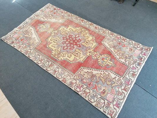 Distressed turkish rug, vintage wool rug 4x8'4 oushak handmade rug, rustic kitchen rug, bohemian rug