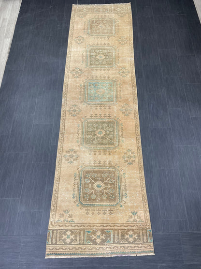 Muted Vintage Runner Rug 3.2 x 11.8 Hand Knotted Runner Rug Turkish Runner Rug Vintage Runner Rug Hallway Runner Rug Wool Kitchen Runner