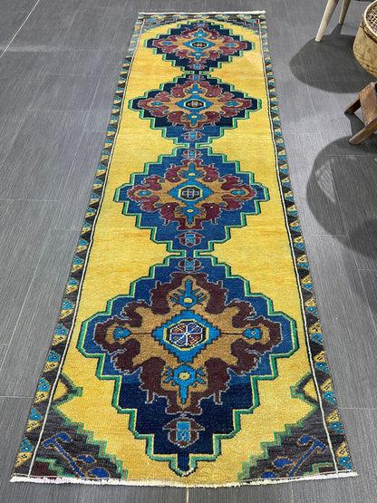 Wool Antique Runner Rug 2.2 x 7.2 Turkish Runner Rug Vintage Runner Rug Old Hallway Runner Rug Kitchen Runner Rug Yellow Wool Runner Rug