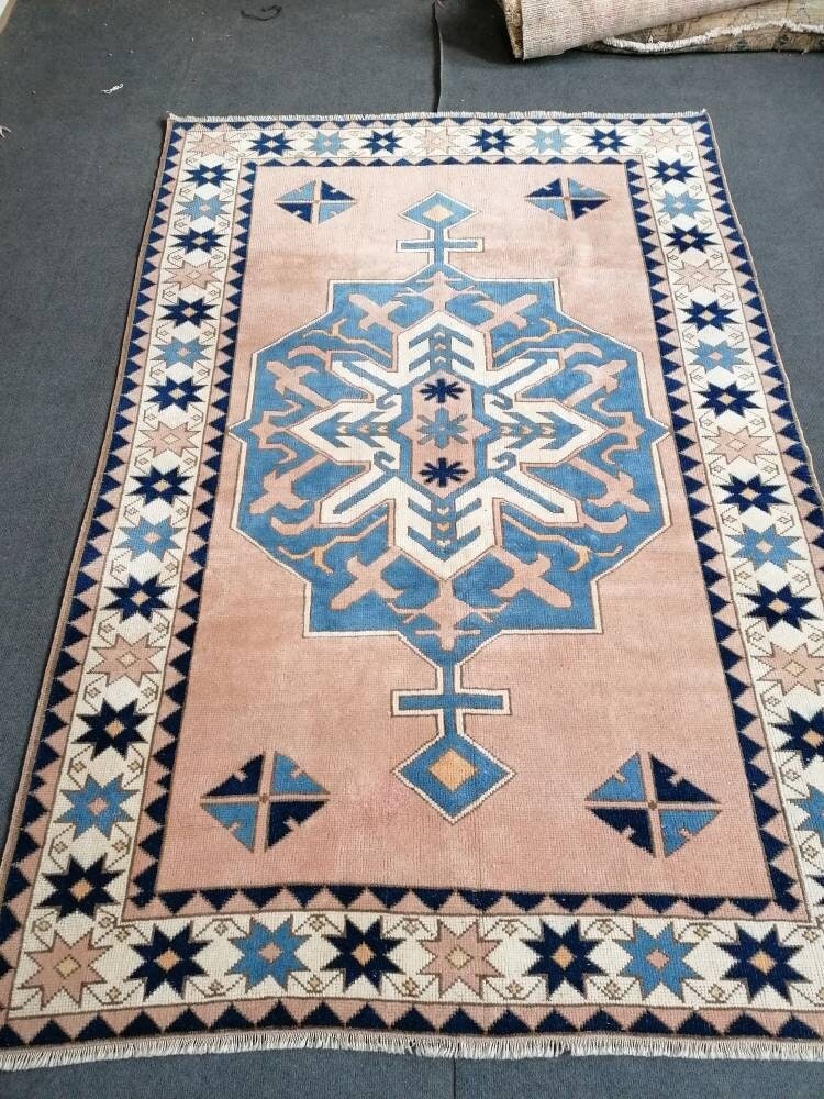 Vintage blue rug 5x7'4 turkish handmade rug, bohemian rug, living room rug, oushak vintage rug