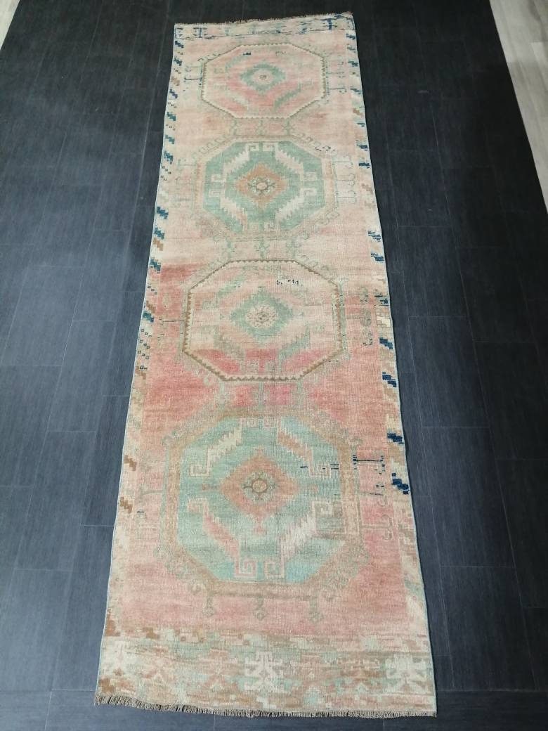 Oriental Runner Rug Muted Turkish Runner Rug 3.4 x 11.6 Vintage Runner Rug Hallway Runner Rug Muted Runner Rug Wool Runner Rug