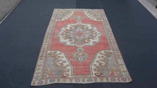 Vintage rug,turkish oushak area rug,vivid soft colors turkish trend rug,low pile pale colors rug,shabby chic rug,87x53 inches