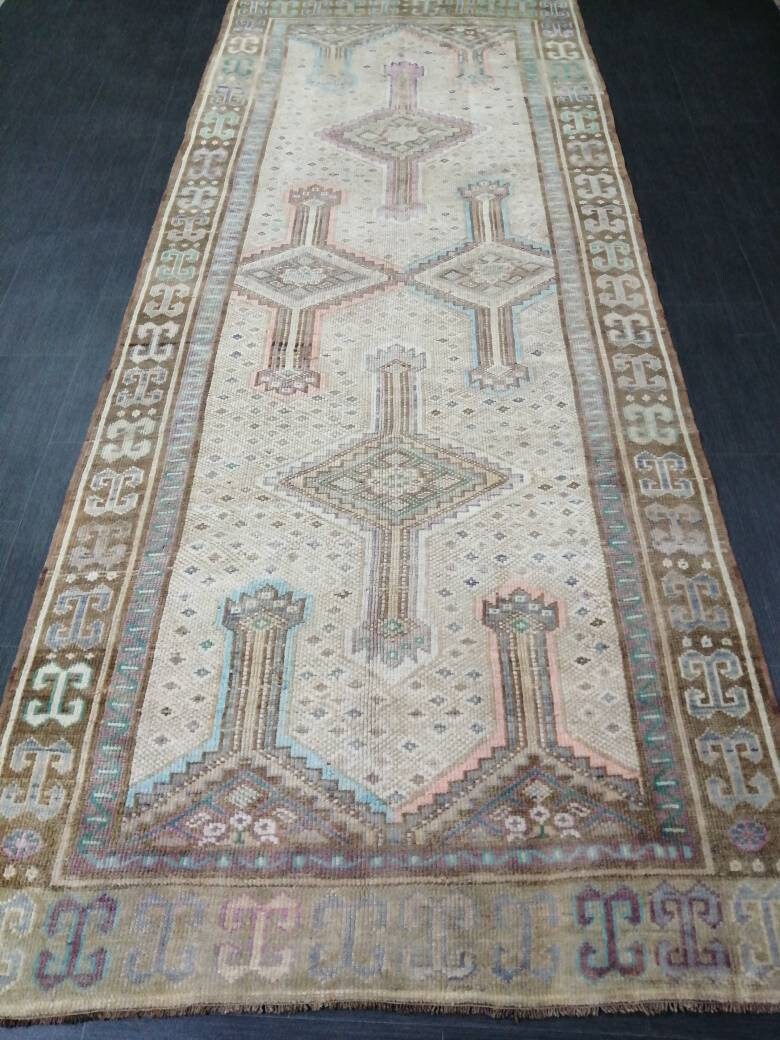 Vintage OUSHAK RUG 4.4 x 11 Vintage Rug Vintage Muted Rug Muted Wool Neutral Rug Hand Made Rugs Vintage Turkish Rug Kars Rug Oriental Rug
