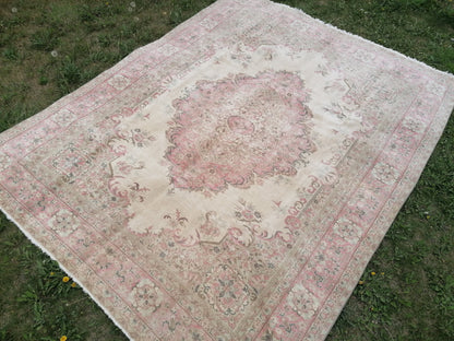 6'7x8'7 Vintage rug, pastel vintage oushak rug faded unique handmade rug, traditional turkish rug
