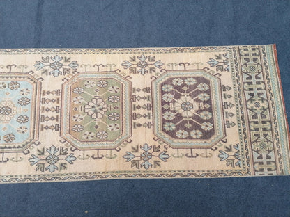 3x11 mute soft oushak turkish runner rug, vintage turkish runner rug, pastel handmade kitchen runner rug, bathroom rug, entryway runner rug