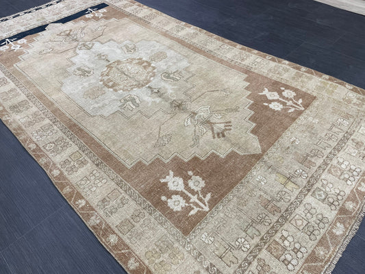 MUTED Handmade 4 x 7.3 Rug Vintage Turkish  Rug Brown Soft wool Rug NATURAL Wool Rug, Living Room Rug, Oushak Rug, Hand Knotted Kitchen Rug